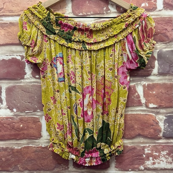 Free People Suki Top Women's S Yellow Multicolor Boho Floral Off Shoulder Shirt - Picture 7 of 9